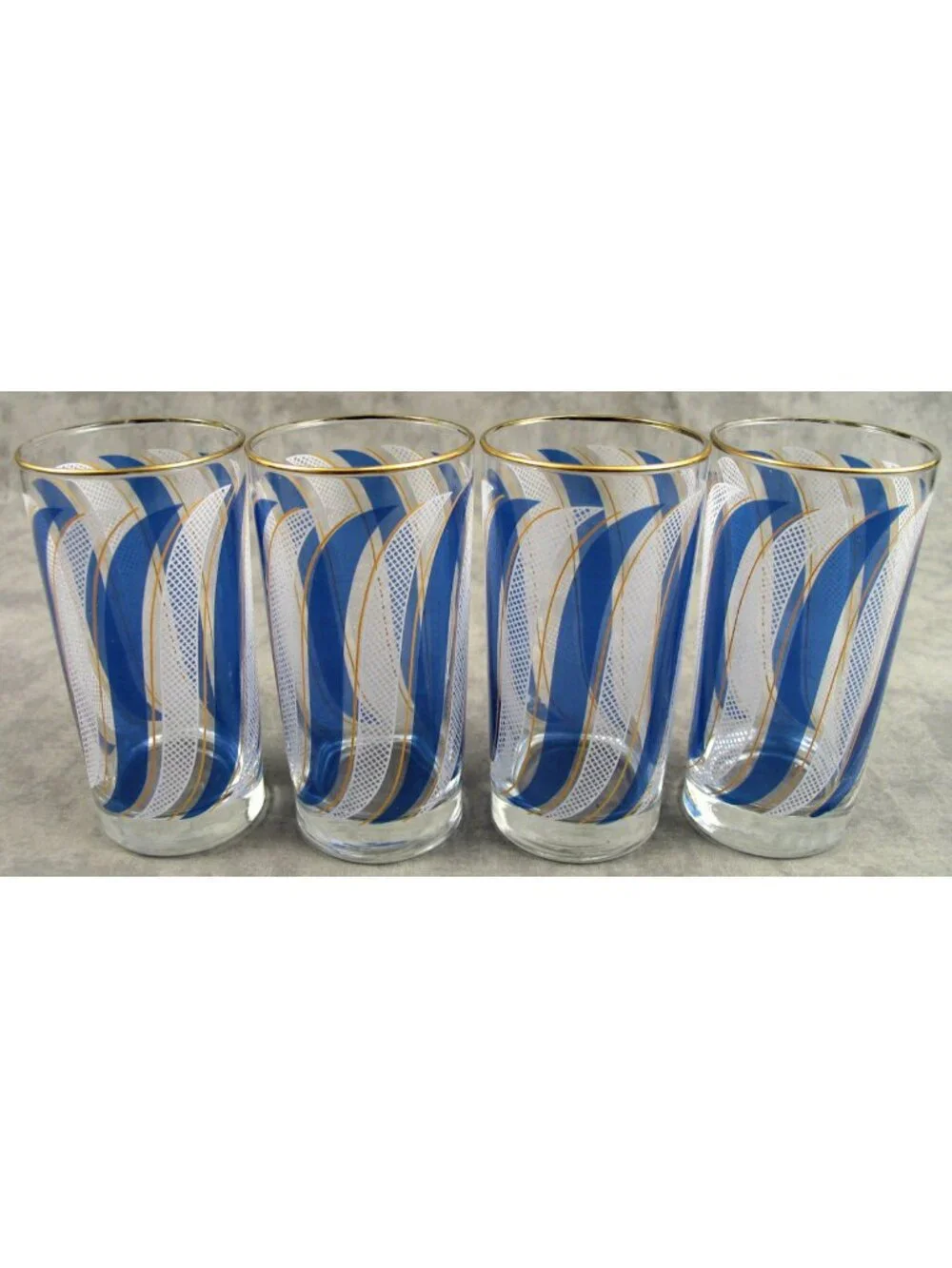 Vtg Libbey Blue Swirl White Lattice Cocktail Glasses Gold Rim Set of 4